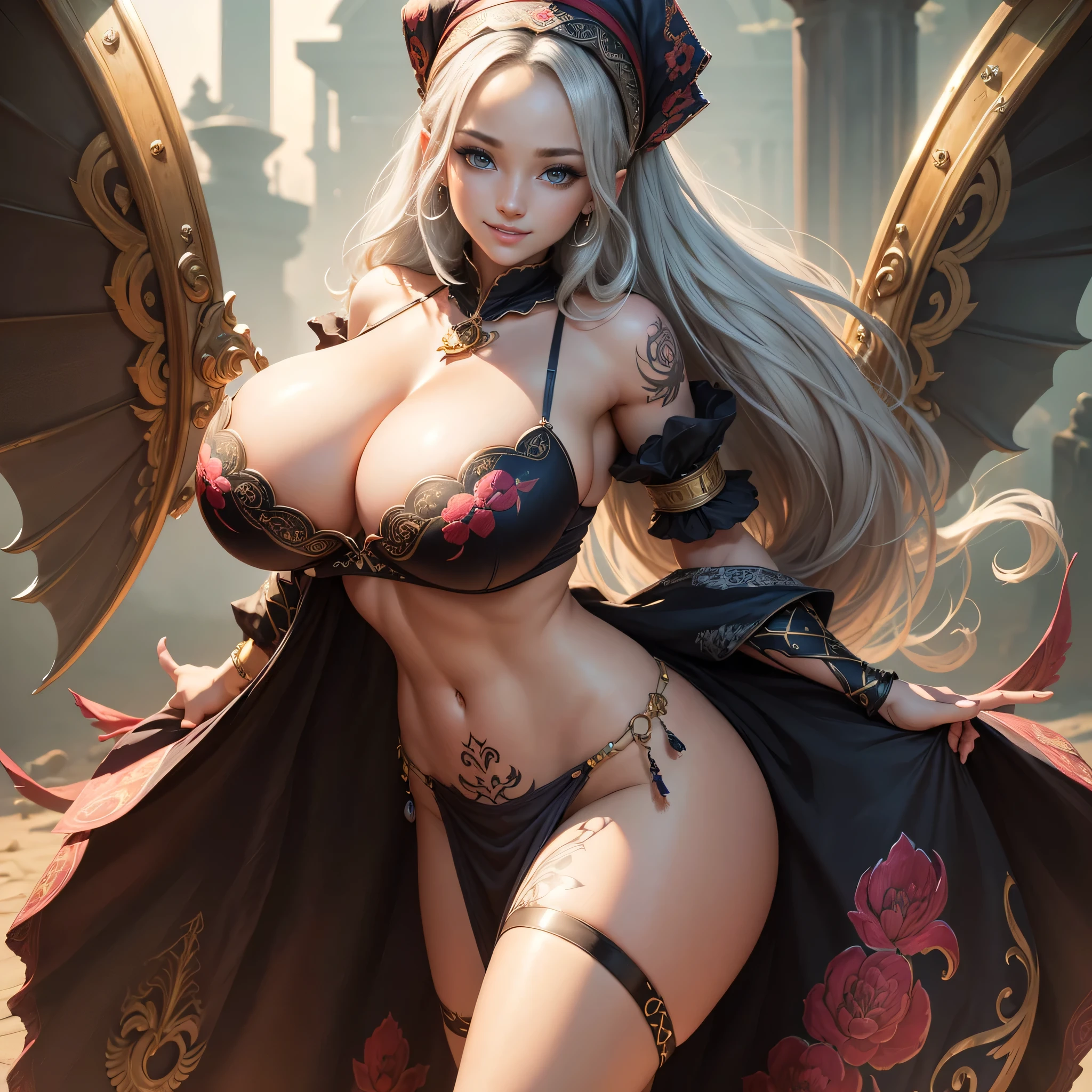 Highly detailed CG unit 8k wallpaper, masterpiece, High resolution, highest quality, highest quality real texture skin, Super Real, Digital Painting, Best image quality, 最High resolution, 8k, (((1 girl))), Very beautiful ager, ((Highly detailed eyes and face)), Beautiful eyes in every detail, (Full Body Shot), fur, tattoo, (tube top, Loincloth, durag, embroidery),(((Disproportionate breasts, Huge breasts, Saggy breasts,,))), Cleavage, ((smile)), (sliver hair), white background,