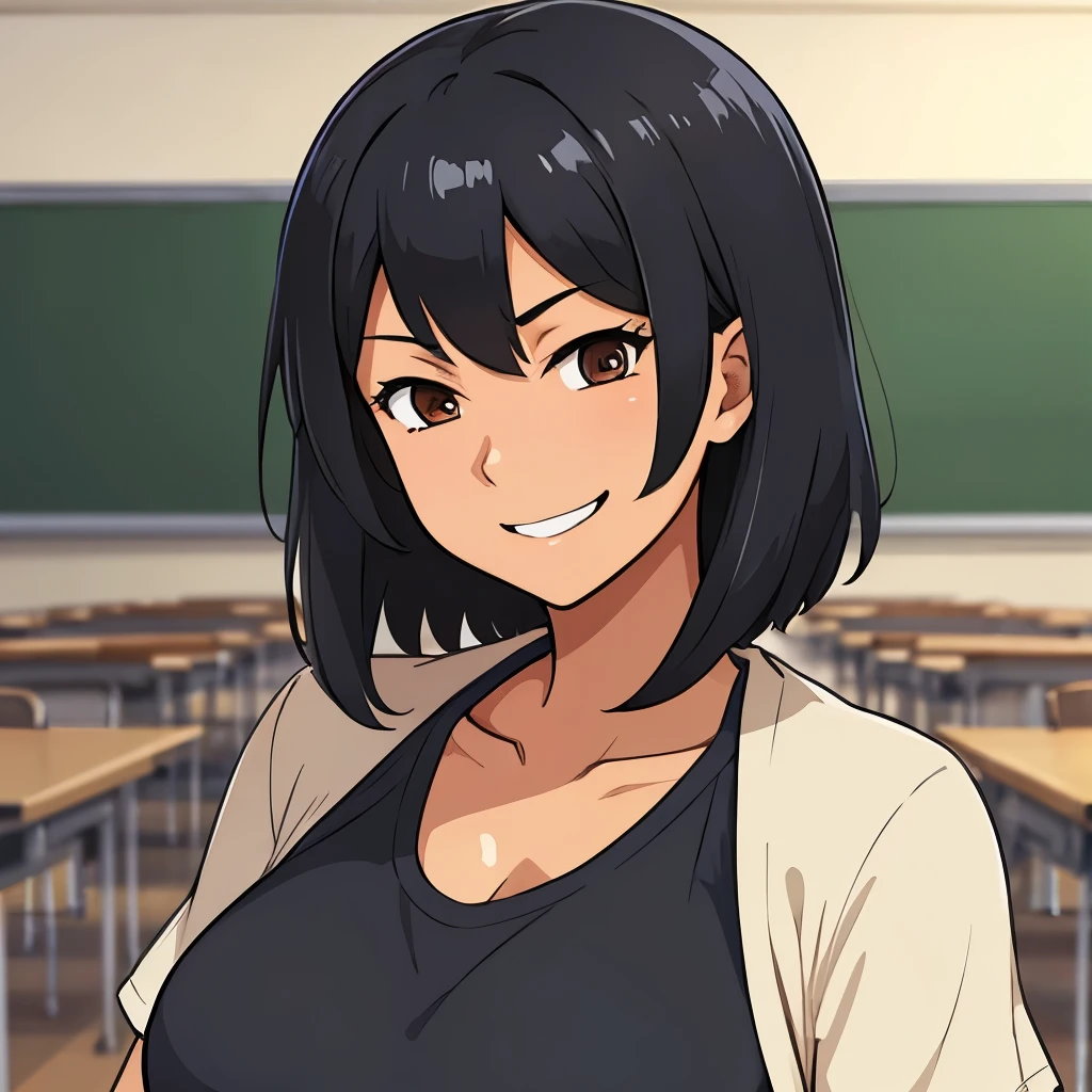 calidad superior, Obra maestra, Anime illustration of a girl with black hair and brown eyes, she wears a , she is smiling while in a classroom, she is tall and muscular 