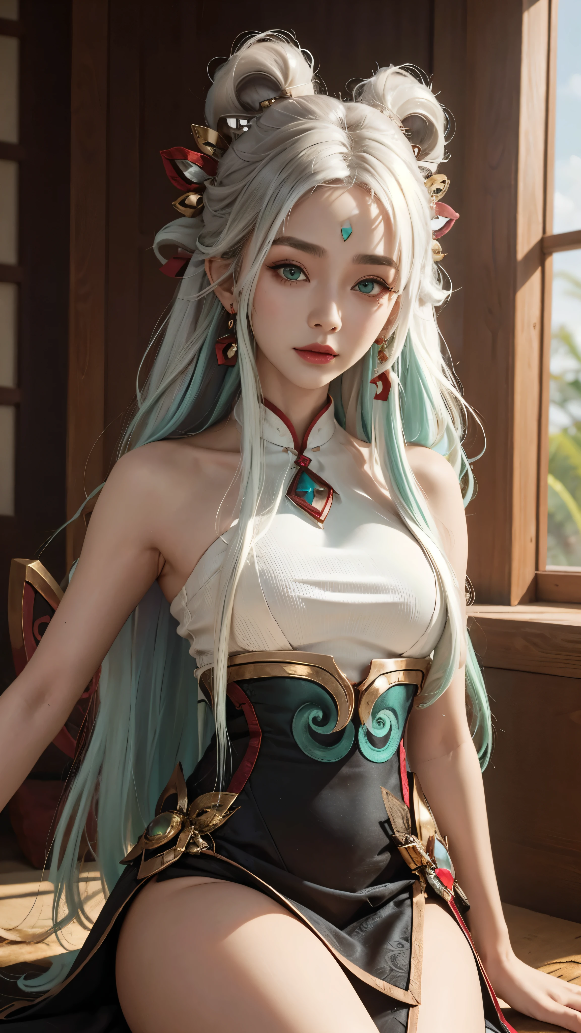 (masterpiece, best quality:1.2), intricate details, mythmaker irelia, 1girl, hair ornament, hair rings, bare shoulders, dress, detached sleeves, forehead mark, multicolored hair, white hair, earrings, green eyes, textured skin, looking at viewer, solo, light smile, (mature female:1.2),sexy pose