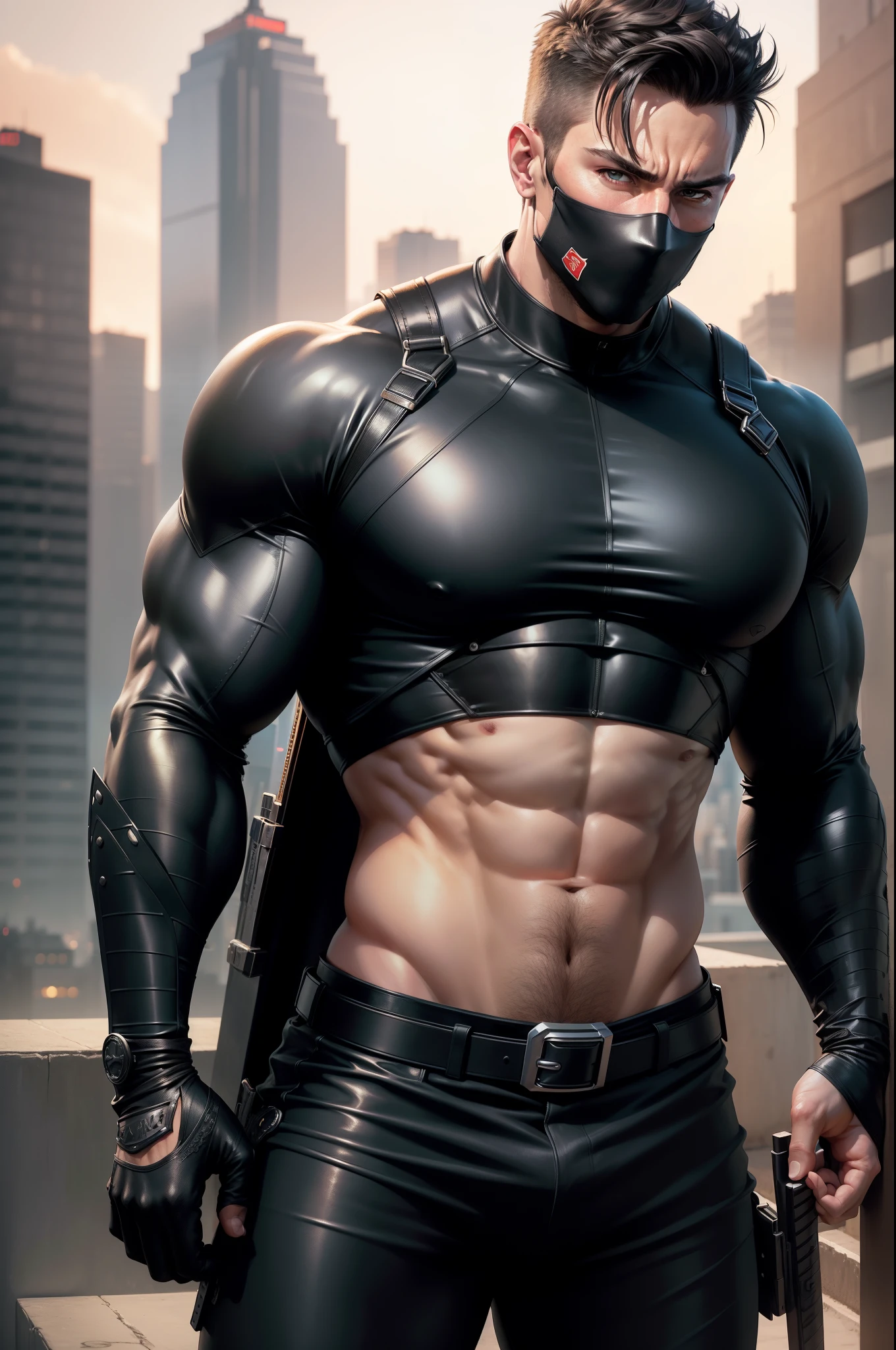 ((realistic: 1.5)),((best quality)), ((masterpiece)),((detailed)), male ninja, Vigilante, Caucasian American, handsome, photorealistic face,short hair, attack position, ninja vigilante tactical superhero outfit, katana on the back,wearing shiny black rubber suit, leather gloves,crop top shirt, abdominal muscles visible, just outside of the city with evening cityscape in the background, huge biceps, huge muscles, muscular big body, wearing tight black rubber pants, no belt