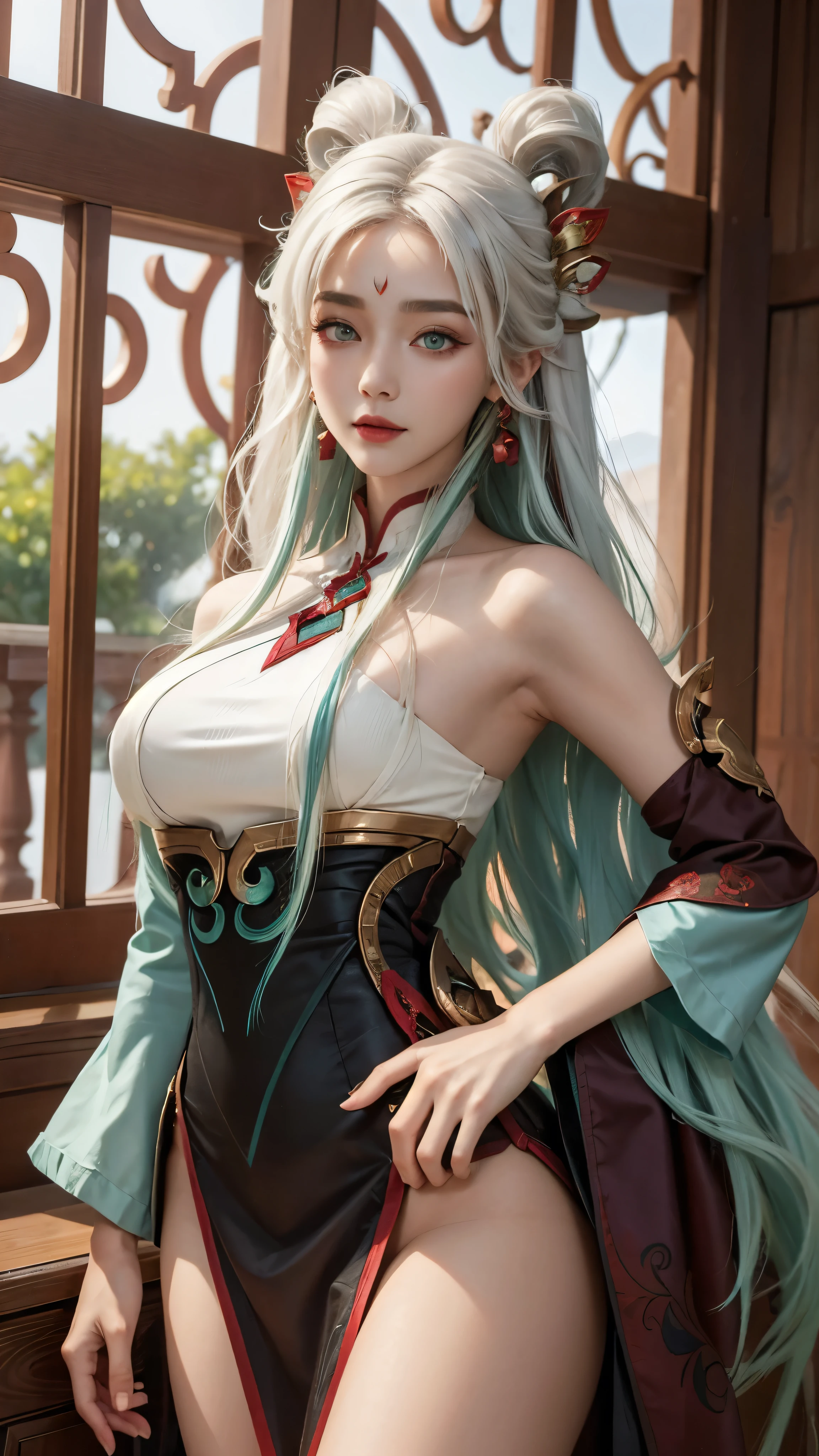 (masterpiece, best quality:1.2), intricate details, mythmaker irelia, 1girl, hair ornament, hair rings, bare shoulders, dress, detached sleeves, forehead mark, multicolored hair, white hair, earrings, green eyes, textured skin, looking at viewer, solo, light smile, (mature female:1.2),sexy pose