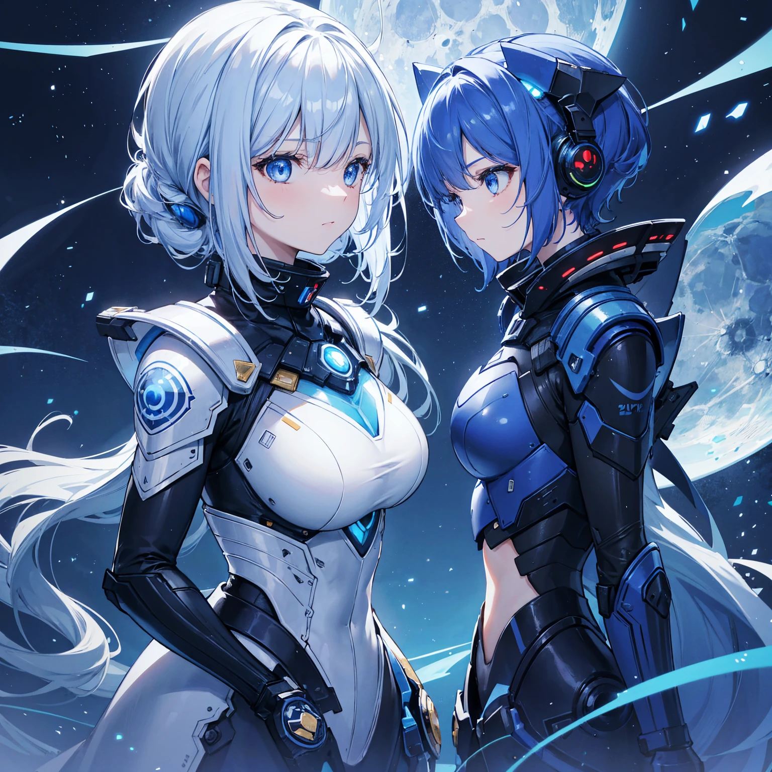 8k, highest quality, (real:1.4), Original photo, 1 girl, Asari Hair, Biological Amplifier, refined armor, posture: Peace talks between warring factions, smart blue eyes,Blue big moon and blue light swirl in the background
