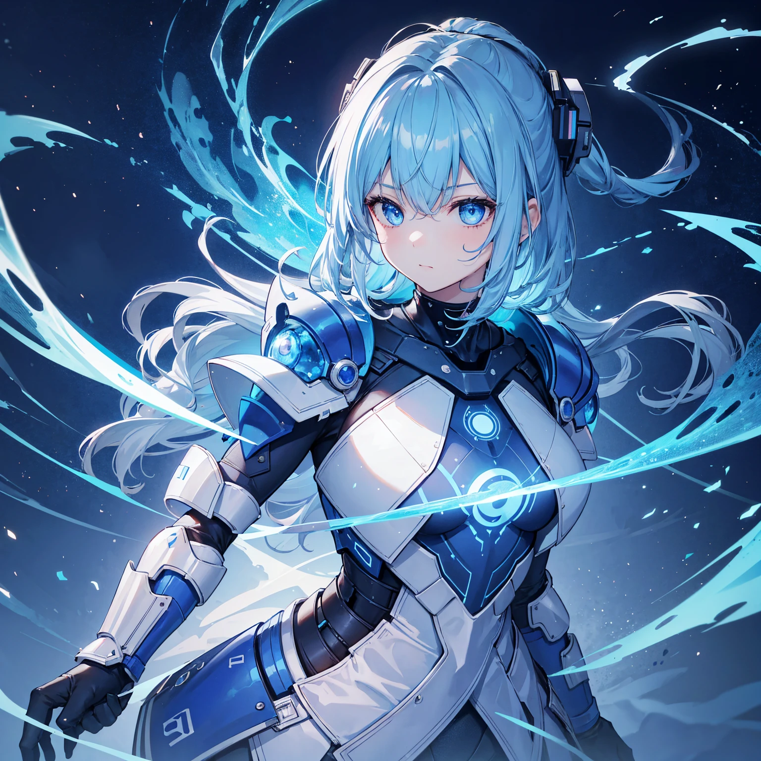 8k, highest quality, (real:1.4), Original photo, 1 girl, Asari Hair, Biological Amplifier, refined armor, posture: Peace talks between warring factions, smart blue eyes,Blue big moon and blue light swirl in the background