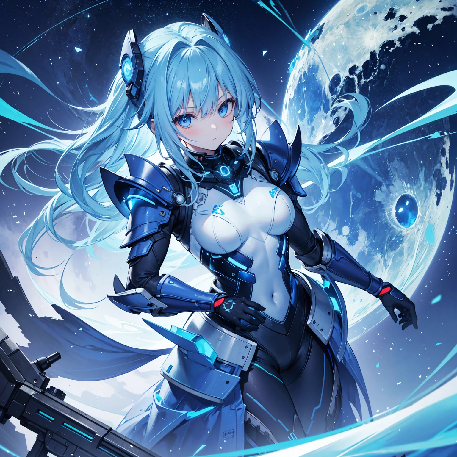8k, highest quality, (real:1.4), Original photo, 1 girl, Asari Hair, Biological Amplifier, refined armor, posture: Peace talks between warring factions, smart blue eyes,Blue big moon and blue light swirl in the background
