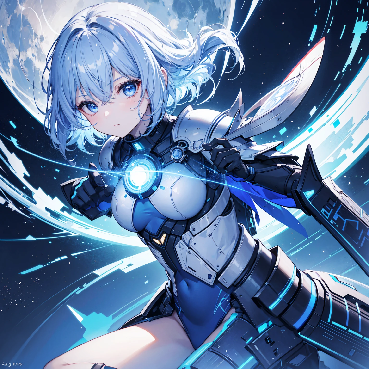 8k, highest quality, (real:1.4), Original photo, 1 girl, Asari Hair, Biological Amplifier, refined armor, posture: Peace talks between warring factions, smart blue eyes,Blue big moon and blue light swirl in the background
