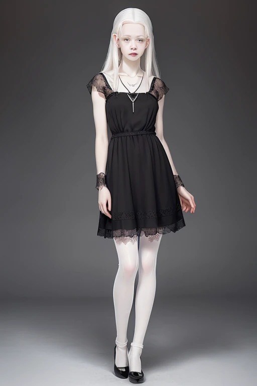 ((full body:1.4)),Cute 18 yo (albino:1.4)woman of Slavic descent.(short:1.1), , long white hair, gray eyes, ((very pale:1.4)). Innocent look. Gentle spirit.(virgin), Eyeglasses, (black lace dress), necklace, ((black pantyhose)), (black Mary Janes with straps).(joy)