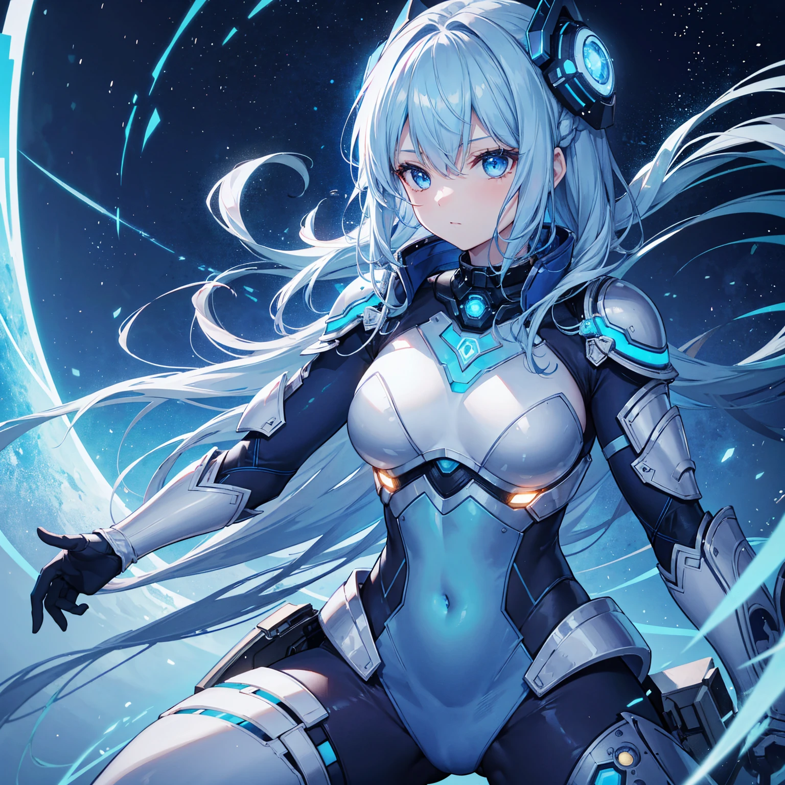 8k, highest quality, (real:1.4), Original photo, 1 girl, Asari Hair, Biological Amplifier, refined armor, posture: Peace talks between warring factions, smart blue eyes,Blue big moon and blue light swirl in the background