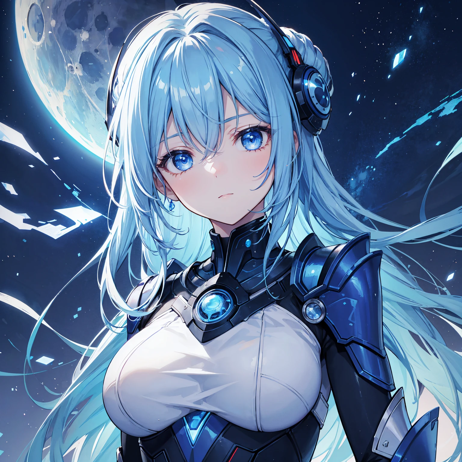 8k, highest quality, (real:1.4), Original photo, 1 girl, Asari Hair, Biological Amplifier, refined armor, posture: Peace talks between warring factions, smart blue eyes,Blue big moon and blue light swirl in the background