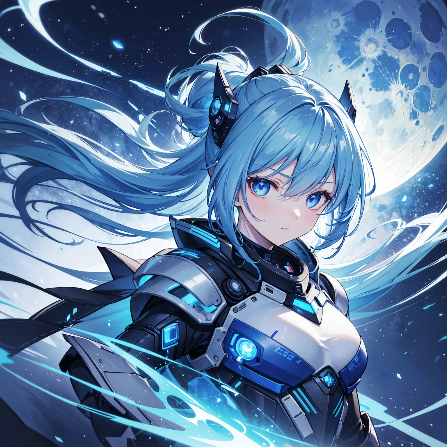 8k, highest quality, (real:1.4), Original photo, 1 girl, Asari Hair, Biological Amplifier, refined armor, posture: Peace talks between warring factions, smart blue eyes,Blue big moon and blue light swirl in the background