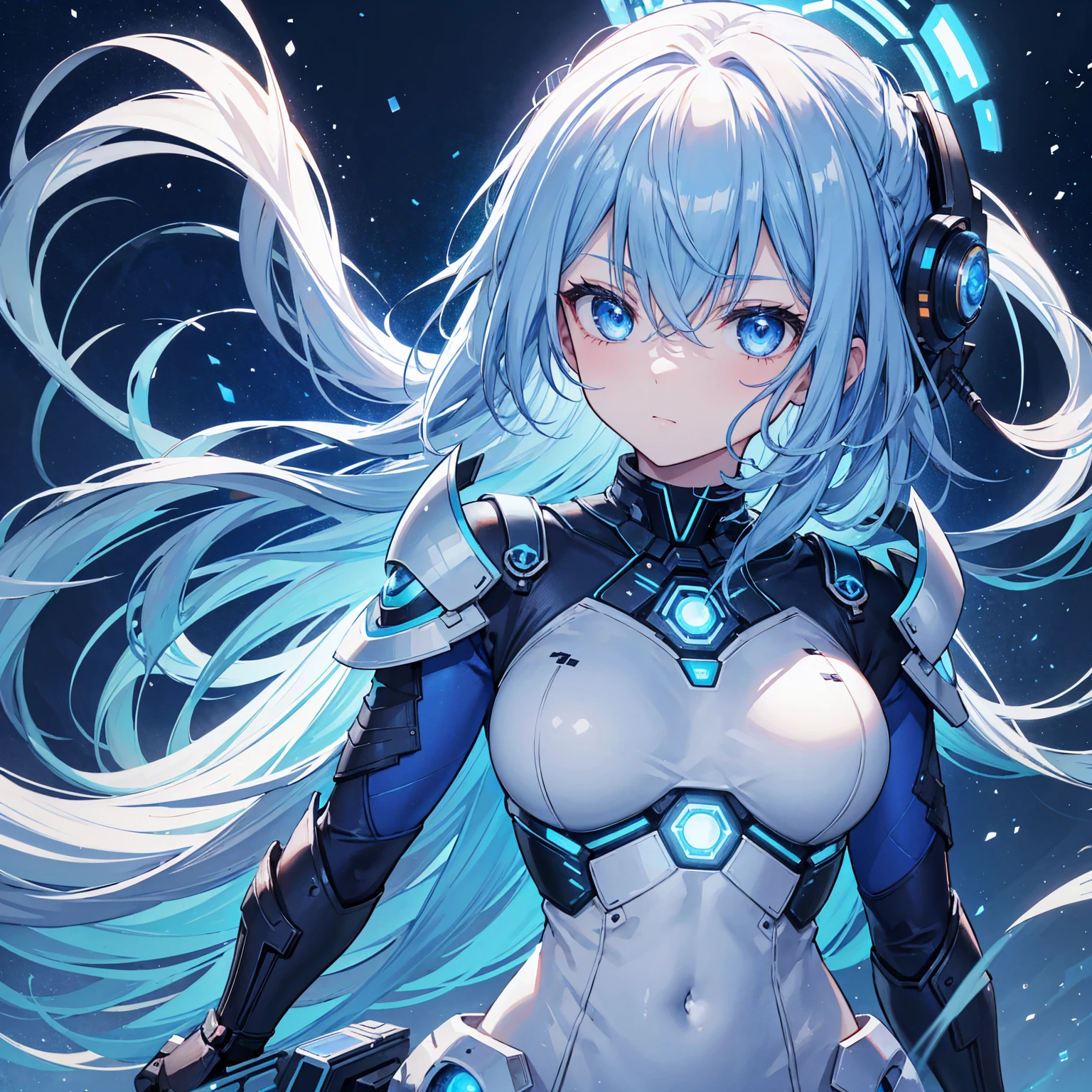 8k, highest quality, (real:1.4), Original photo, 1 girl, Asari Hair, Biological Amplifier, refined armor, posture: Peace talks between warring factions, smart blue eyes,Blue big moon and blue light swirl in the background
