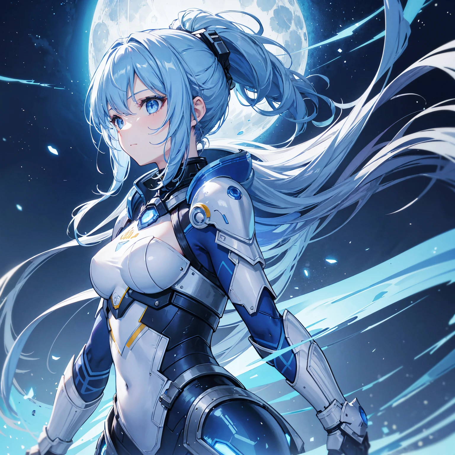 8k, highest quality, (real:1.4), Original photo, 1 girl, Asari Hair, Biological Amplifier, refined armor, posture: Peace talks between warring factions, smart blue eyes,Blue big moon and blue light swirl in the background
