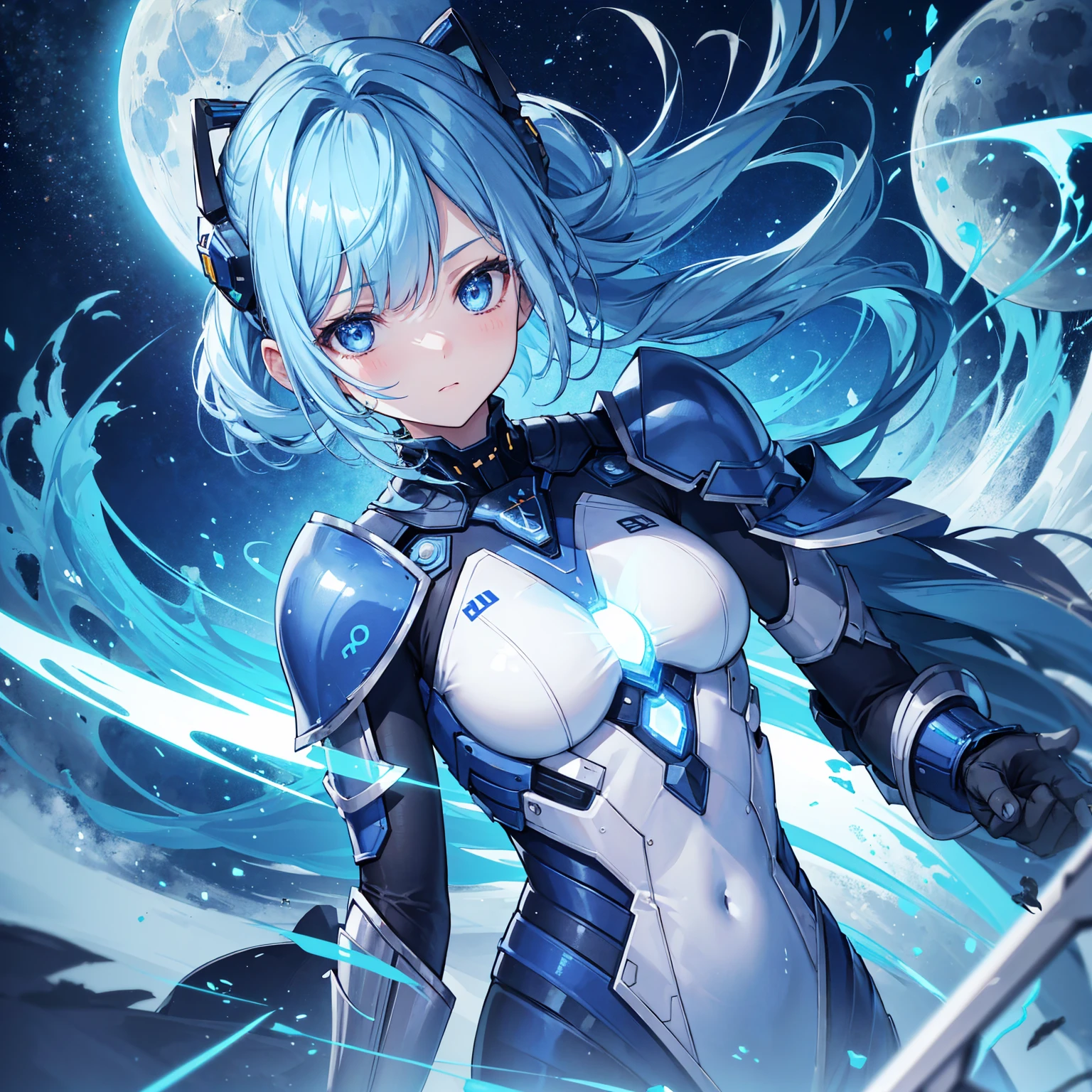 8k, highest quality, (real:1.4), Original photo, 1 girl, Asari Hair, Biological Amplifier, refined armor, posture: Peace talks between warring factions, smart blue eyes,Blue big moon and blue light swirl in the background
