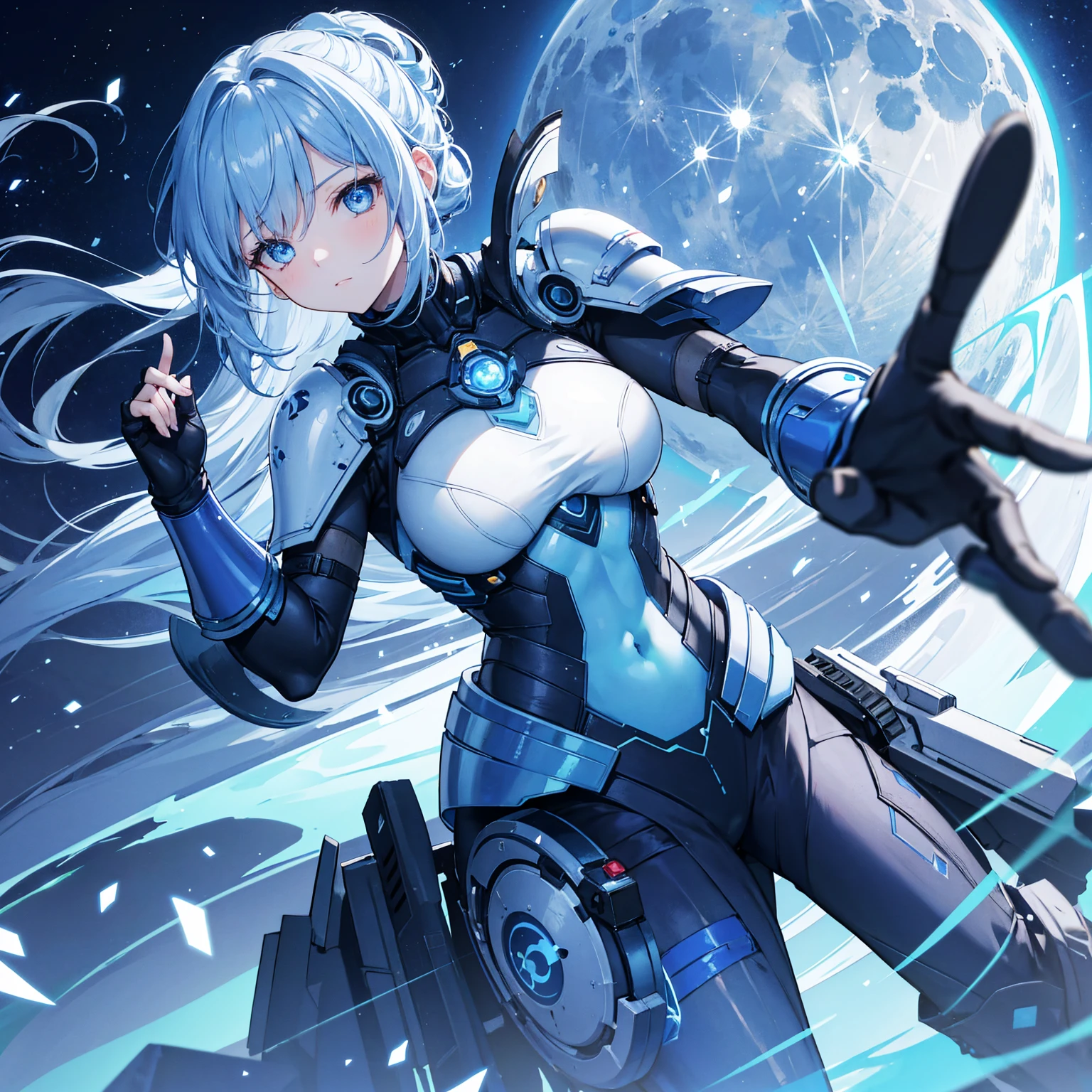 8k, highest quality, (real:1.4), Original photo, 1 girl, Asari Hair, Biological Amplifier, refined armor, posture: Peace talks between warring factions, smart blue eyes,Blue big moon and blue light swirl in the background