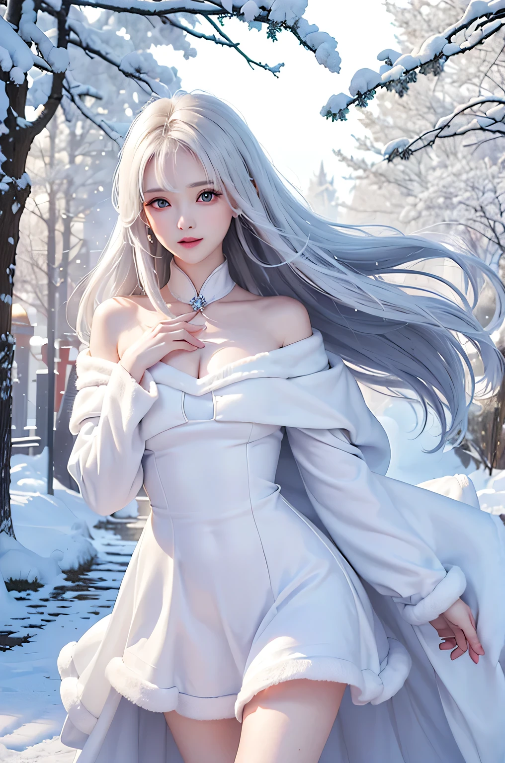 (close)((masterpiece:1.5、8k、Tabletop、Photorealistic and very detailed CG、Very detailed、Particle Effects、Dynamic Effects、Written boundary depth、Cinematic Light、Lens flare、Ray Tracing、Tabletop、Realistic:1.4、超A high resolution、Realistic、Realistic))((alone、,Woman wearing a fur coat over an off-the-shoulder dress:1.4、Elegant woman posing:、Detailed face、brightexpression、young, bright, Whiter skin、Medium Beauty Breasts、Best Looks、Ultimate beauty、White hair with Shiny highlights、bright, Shiny, Super long straight hair、Hair dancing in the wind))(morning、The setting is outdoors in the snow、snowflakes fluttering)