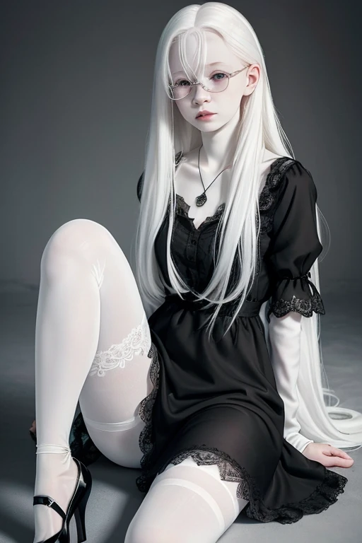Cute 18 yo (albino:1.4)woman of Slavic descent.(short:1.1), , long white hair, gray eyes, ((very pale:1.4)). Innocent look. Gentle spirit.(virgin), Eyeglasses, (black lace dress), necklace, ((black pantyhose)), (black Mary Janes with straps).(joy)