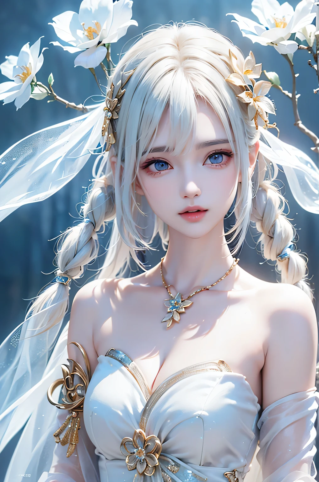 ((From the waist up))((masterpiece:1.5、8k、Portraiture、Photorealistic and very detailed CG、Very detailed、Particle Effects、Dynamic Effects、Written boundary depth、Cinematic Light、Lens flare、Ray Tracing、Tabletop、Realistic:1.4、超A high resolution:1.2、Realistic、Realistic))((alone、Woman in off-the-shoulder dress:1.4、Model-like pose、Ample breasts、Detailed face、brightexpression、young, bright, Whiter skin、Best Looks、Ultimate beauty、White hair with shiny highlights:1.8、bright and shiny hair,、Super long, Silky straight hair、Hair swaying in the wind))(Wonderful transparent flower々Surrounded by、White Background、Great background、Thin petals fluttering down)