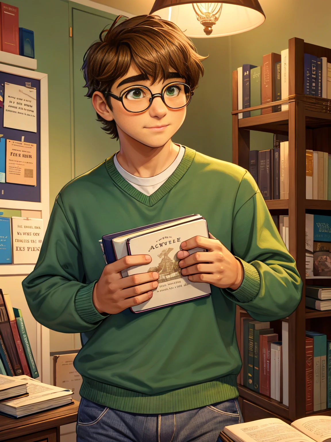 Cute, nerdy boy, brown hair, delicate face, beautiful face, shy squeezing and flushed cheeks, green eyes, delicate mouth, delicate body. He's wearing round glasses, nerdy clothes, holding books. Scene, teenager's room.