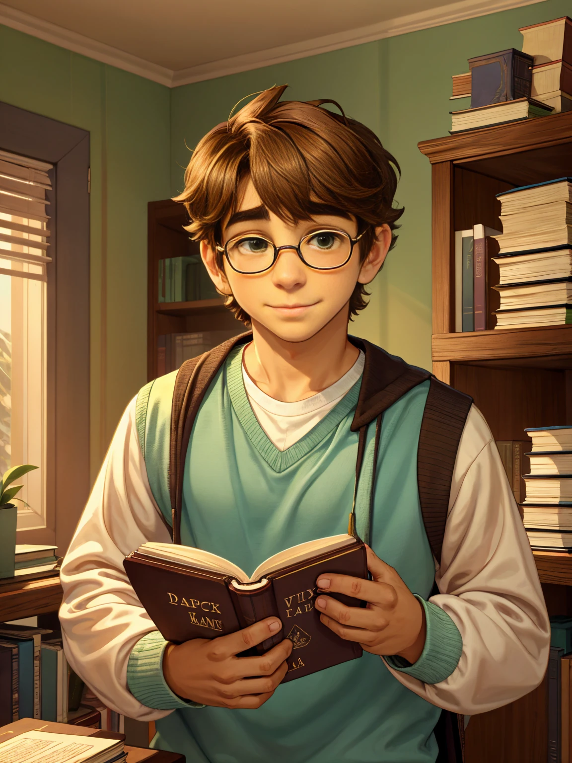 Cute, nerdy boy, brown hair, delicate face, beautiful face, shy squeezing and flushed cheeks, green eyes, delicate mouth, delicate body. He's wearing round glasses, nerdy clothes, holding books. Scene, 's room.