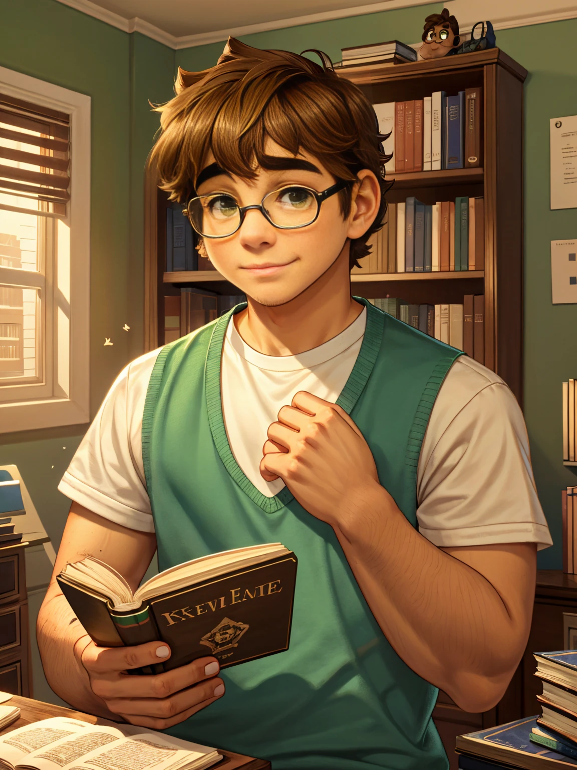 Cute, nerdy boy, brown hair, delicate face, beautiful face, shy squeezing and flushed cheeks, green eyes, delicate mouth, delicate body. He's wearing round glasses, nerdy clothes, holding books. Scene, teenager's room.