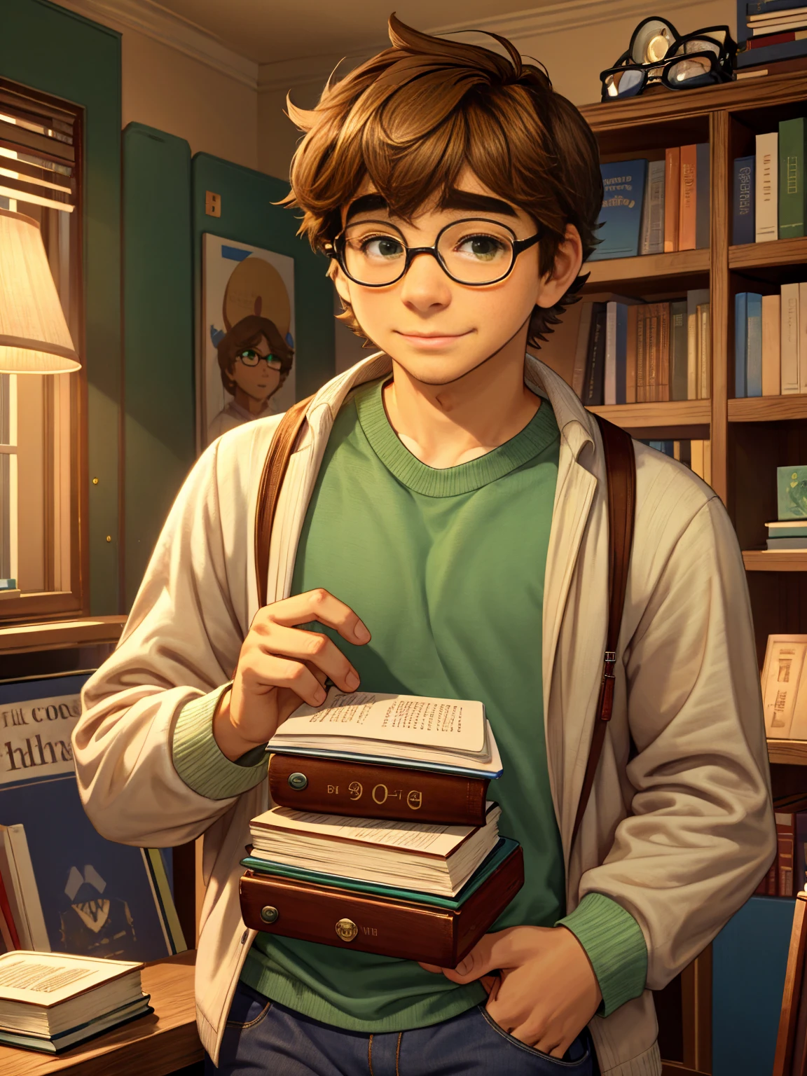 Cute, nerdy boy, brown hair, delicate face, beautiful face, shy squeezing and flushed cheeks, green eyes, delicate mouth, delicate body. He's wearing round glasses, nerdy clothes, holding books. Scene, 's room.