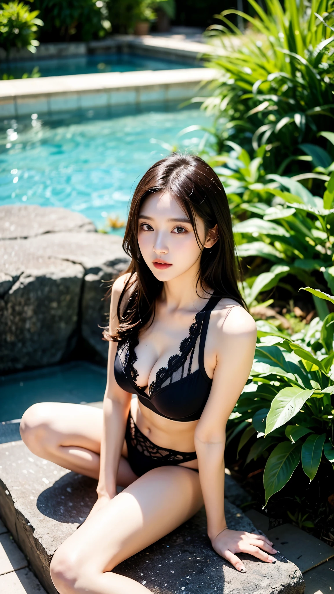 Light makeup，Beauty，clavicle，Black Hair，Exquisite facial features，Natural expression，Natural eyes，Transparent lace underwear，Full figure，，Sitting with legs apart，Sexy，Mermaid Line。