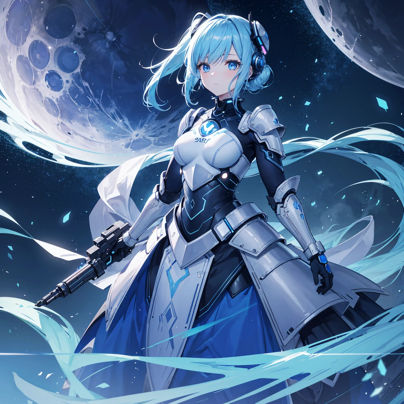 8k, highest quality, (real:1.4), Original photo, 1 girl, Asari Hair, Biological Amplifier, refined armor, posture: Peace talks between warring factions, smart blue eyes,Blue big moon and blue light swirl in the background