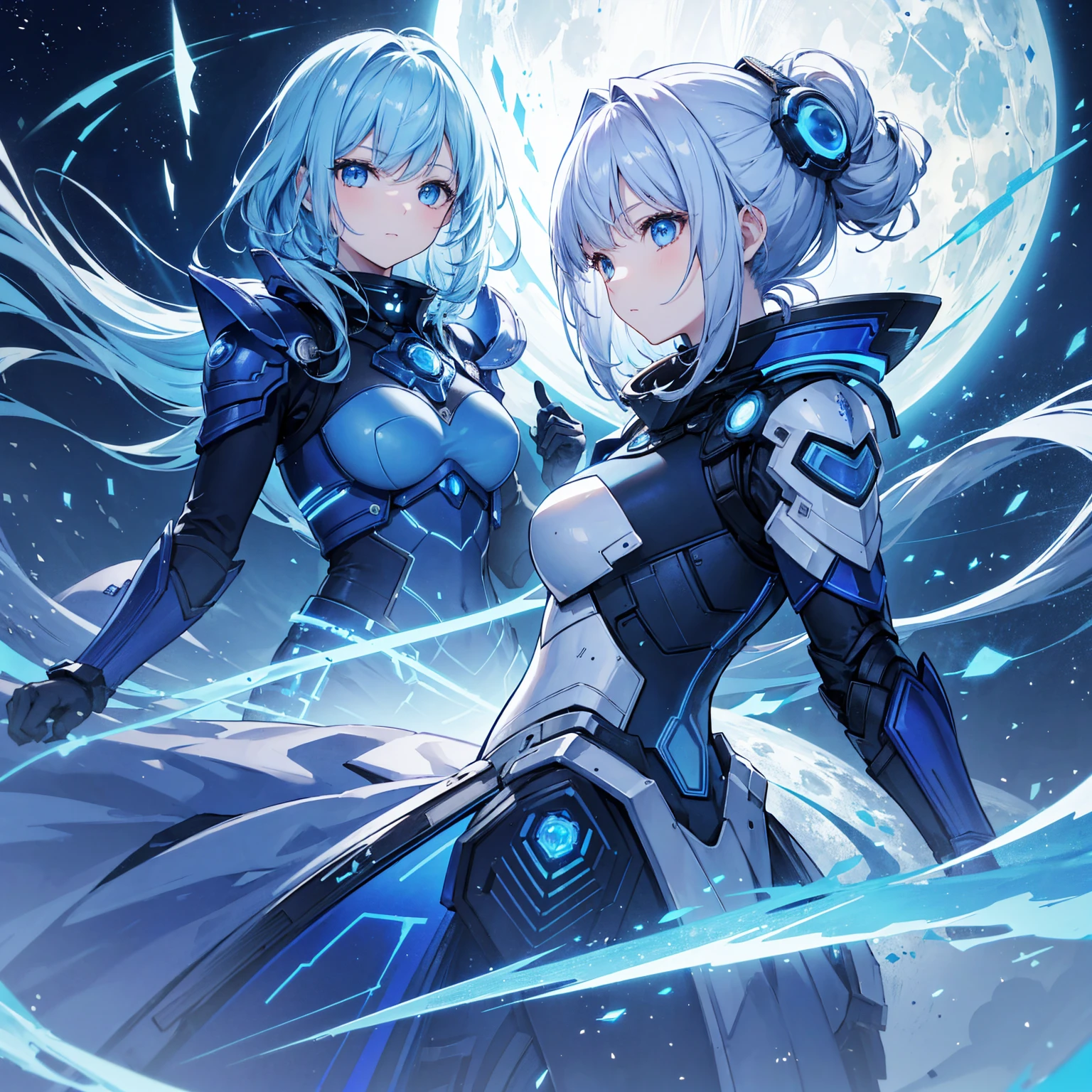 8k, highest quality, (real:1.4), Original photo, 1 girl, Asari Hair, Biological Amplifier, refined armor, posture: Peace talks between warring factions, smart blue eyes,Blue big moon and blue light swirl in the background