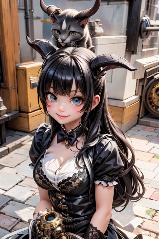 a horned steampunk maid smiling
