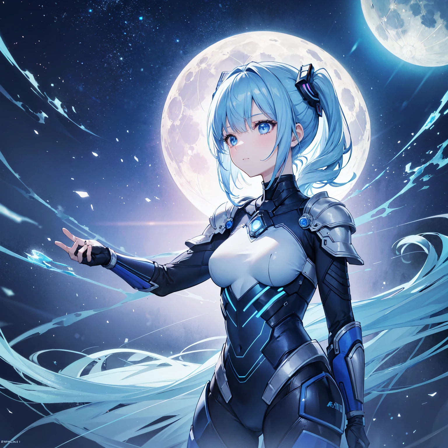 8k, highest quality, (real:1.4), Original photo, 1 girl, Asari Hair, Biological Amplifier, refined armor, posture: Peace talks between warring factions, smart blue eyes,Blue big moon and blue light swirl in the background
