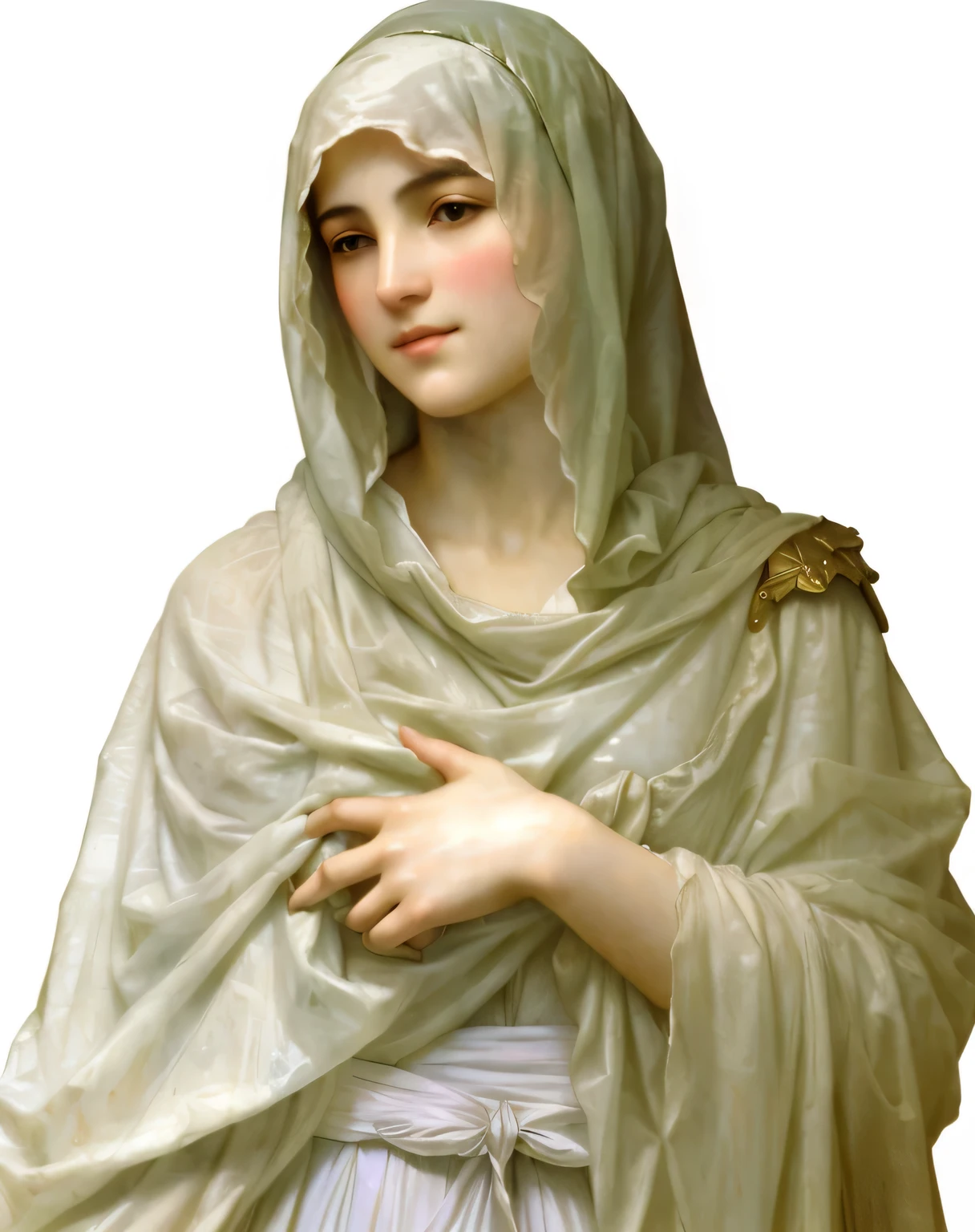 a close up of a statue of a woman with a veil, Pudica gesto estilo bouguereau, Pudica pose estilo bouguereau, majestosa mulher santa, wearing translucent veils, portrait of Virgem Maria, por Alexandre Cabanel, Virgem Maria, Vittorio Matteo Corcos, muito bouguereau, Artgerm e William Bouguereau