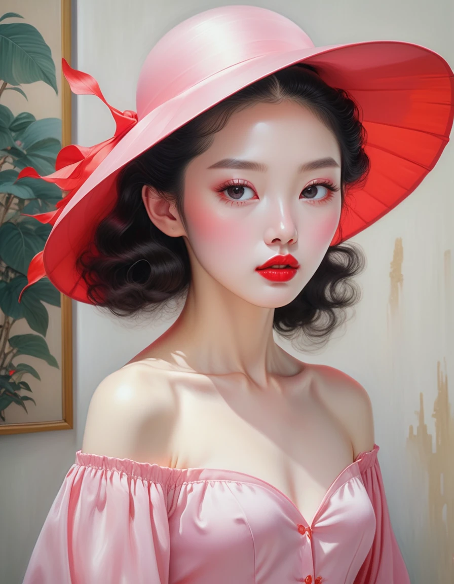 parted_perm long hair,no hat:1.5, Woman in pink blouse with red lips, White skin, Guweizu, Guweizu masterpiece, artwork in the style of Guweizu, soft portrait 8k, pale , by Russell Lu Dongjun, pale 피부, Elegant woman with clear skin,