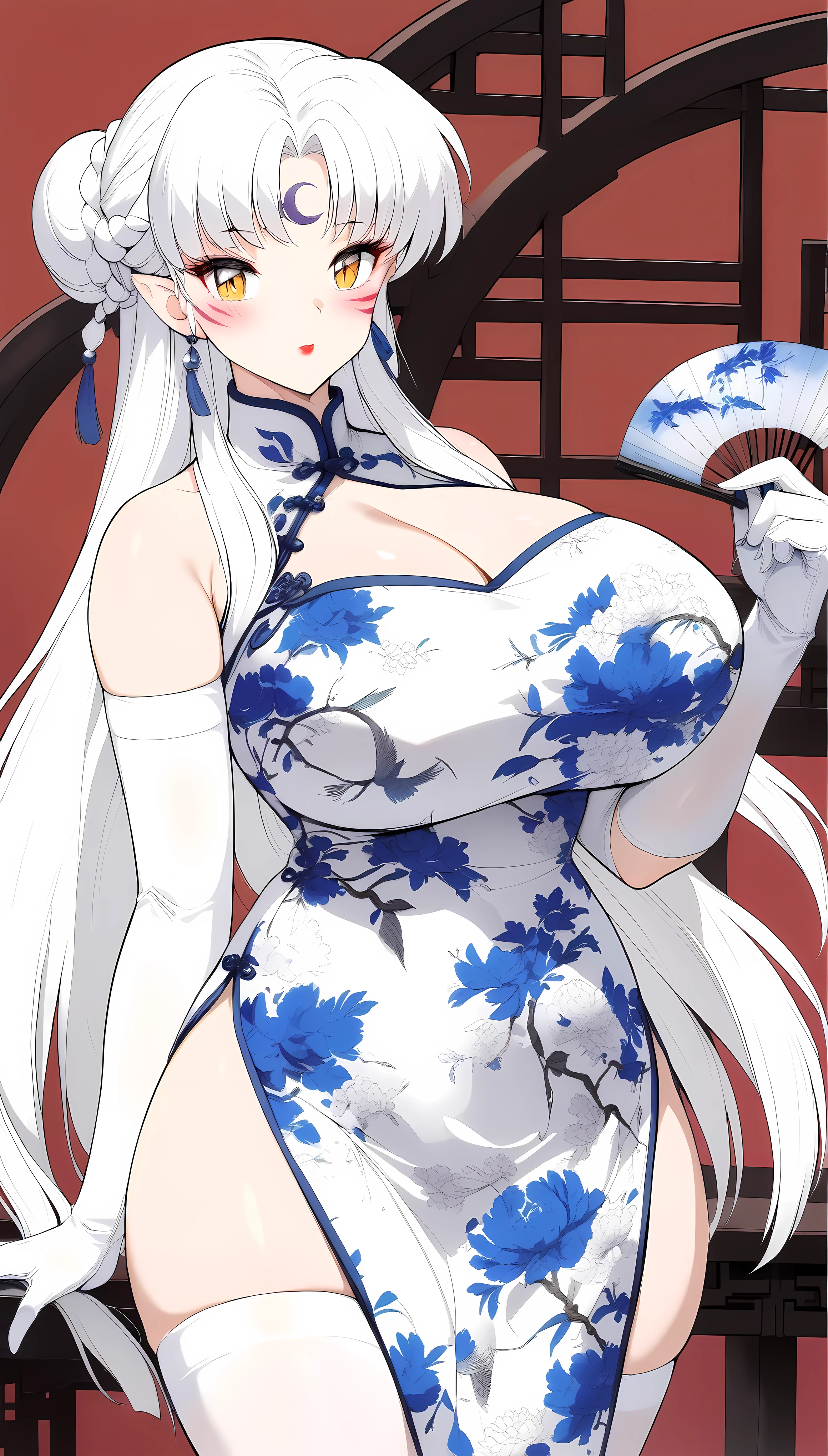 1girl,Sesshoumaru,sesshoumaru,mature female,(scornful eyes),yellow eyes,parted bangs,pointy ears,white hair,very long hair,red facial mark,forehead mark,alternate costume,arm at side,blush,braid,breasts,china dress,chinese clothes,curvy,dress,elbow gloves,bare shoulder,sleeveless,cleavage cutout,floral print,gloves,(blue and white porcelain gorgeous qipao,china dress,chinese clothes,dress),gigantic breasts,hip vent,print dress,indoors,holding a cup of Chinese baijiu,red lips,looking at viewer,parted bangs,sleeveless,solo,standing,thick thighs,upturned eyes,white thighhighs,wide hips,