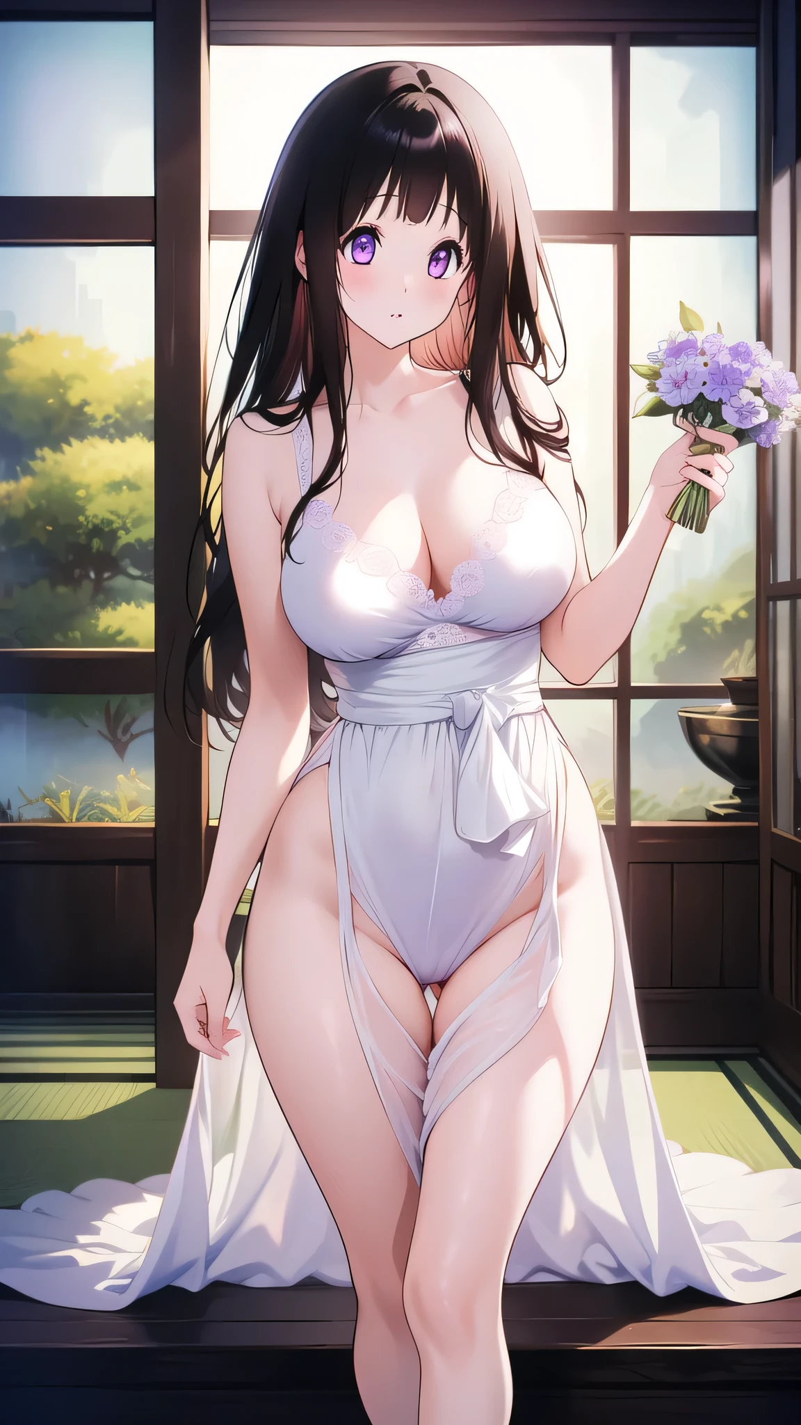 Amazing Chitanda, There is only one beautiful girl，Purple Eyes, Black Hair, Very red face，Very white skin，Glowing skin，Skin as delicate as porcelain，Naturally straight hair, Straight bangs，Extremely refined，Open lips，Long flowing hair，Beautiful Girl, Like a dream，Slim，Slim waist，Soft, (Sensual), (Kawaii), Dream quality，Beautiful big breasts，Areola，Completely naked，Wearing a transparent wedding dress，Flower decoration，Deep V neckline，Loose neckline，Wide neckline，In a traditional Japanese garden，window，Bend down，Hips，Side body，Gluteal groove，Bare back，Light transmission，no pants，pussy juice，Bare shoulders，Bare neck，Exposed collarbone，Exposing breasts，Exposing  side，Show your waist，Show your buttocks，Show your thighs，Exposing the groin，No pants，extremely shy，Ultra-high resolution, (masterpiece:1.2, best quality), (Delicate and beautiful eyes: 1.2), (Beautiful and delicate face)