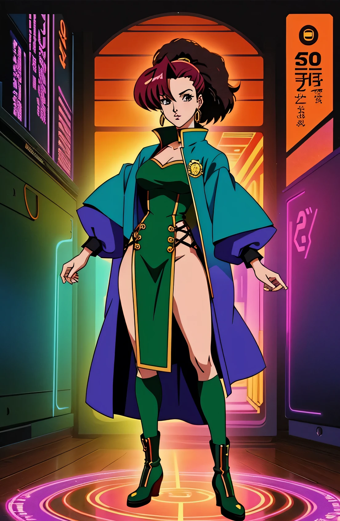 Step into a world of creativity with our AI-generated image of a female character in a 90's anime style. Her unique and diverse costume inspired by the Matrix movie, full body image, will leave you in awe of its intricate details and stylistic rendering
