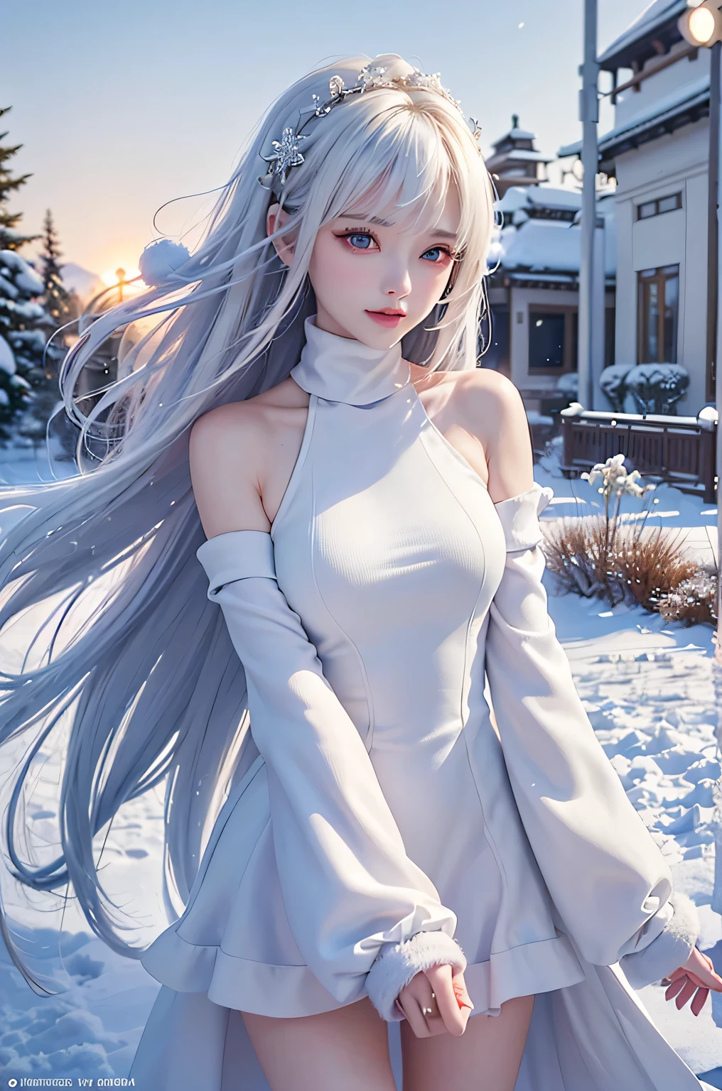 (close)((masterpiece:1.5、8k、Tabletop、Photorealistic and very detailed CG、Very detailed、Particle Effects、Dynamic Effects、Written boundary depth、Cinematic Light、Lens flare、Ray Tracing、Tabletop、Realistic:1.4、超A high resolution、Realistic、Realistic))((alone、Woman in fur coat:1.4、turtleneck、Exposing shoulders、No sleeve、Elegant woman posing、Detailed face、brightexpression、young, bright, Whiter skin、Medium Beauty Breasts、Best Looks、Ultimate beauty、White hair with Shiny highlights、bright, Shiny, Super long straight hair、Hair dancing in the wind))(morning、The setting is outdoors in the snow、snowflakes fluttering)