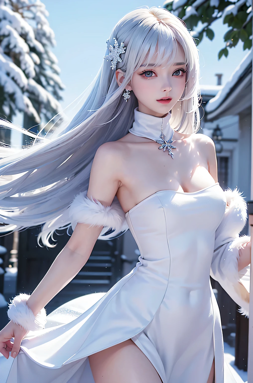 (close)((masterpiece:1.5、8k、Tabletop、Photorealistic and very detailed CG、Very detailed、Particle Effects、Dynamic Effects、Written boundary depth、Cinematic Light、Lens flare、Ray Tracing、Tabletop、Realistic:1.4、超A high resolution、Realistic、Realistic))((alone、Woman in fur coat:1.4、turtleneck、Exposing shoulders、Elegant woman posing、Detailed face、brightexpression、young, bright, Whiter skin、Medium Beauty Breasts、Best Looks、Ultimate beauty、White hair with Shiny highlights、bright, Shiny, Super long straight hair、Hair dancing in the wind))(morning、The setting is outdoors in the snow、snowflakes fluttering)
