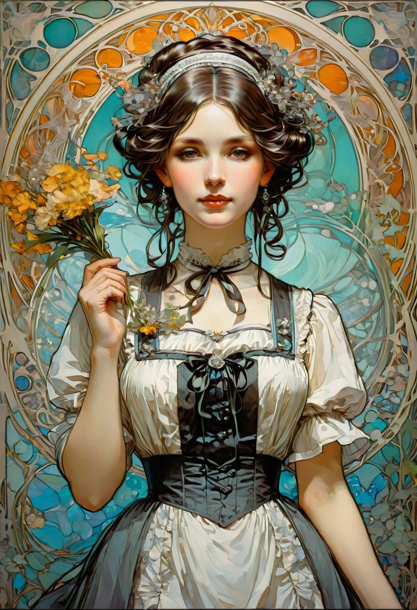 Maid Outfit, by Alphonse Mucha, best quality, masterpiece, very aesthetic, perfect composition, intricate details, ultra-detailed