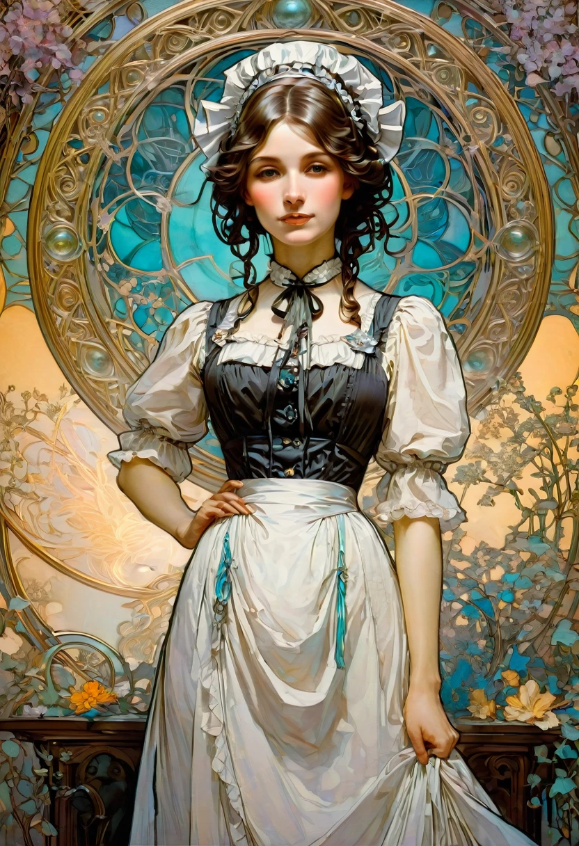 Maid Outfit, by Alphonse Mucha, best quality, masterpiece, very aesthetic, perfect composition, intricate details, ultra-detailed