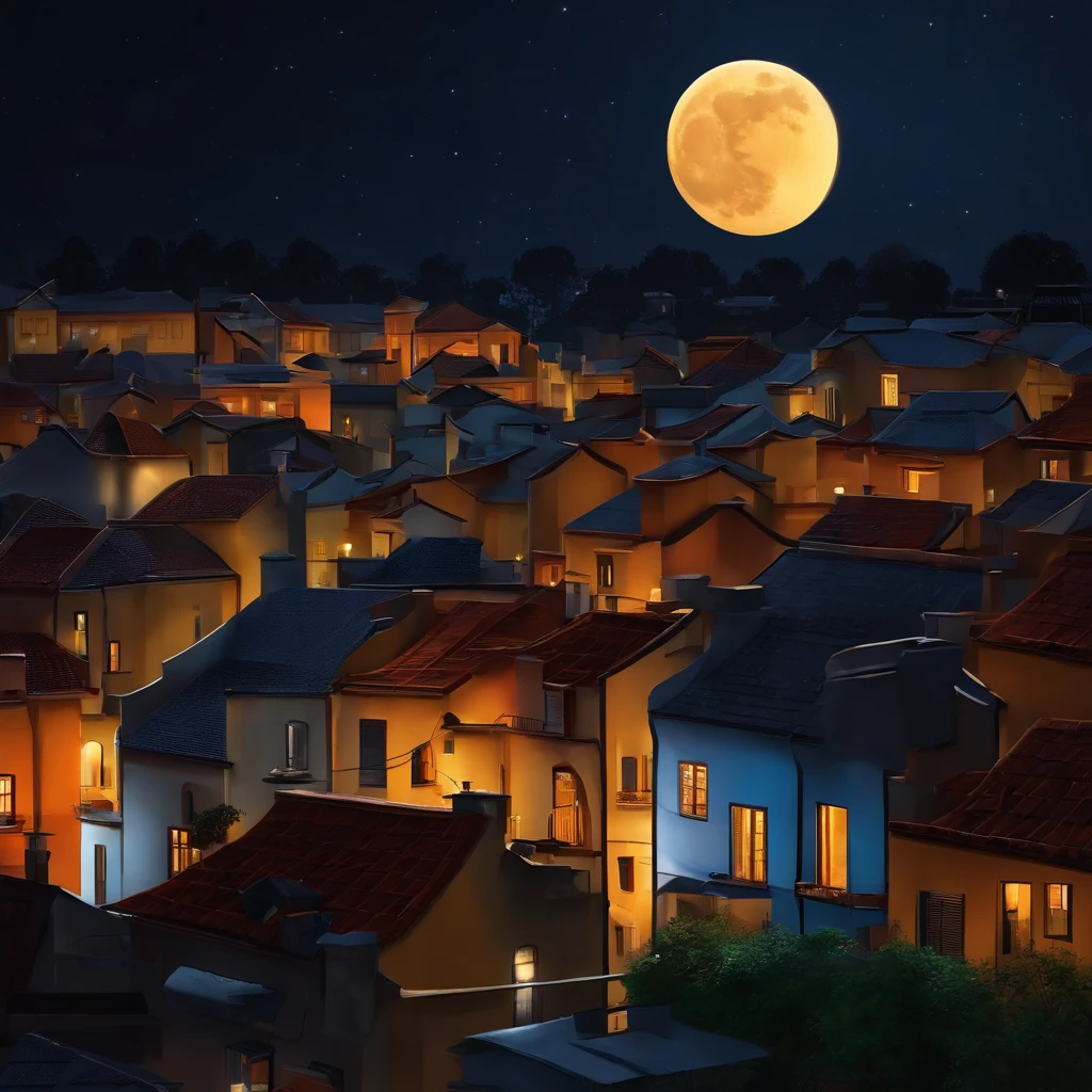 Night modern city, the moon shines on the roofs of houses tiled and pointed, houses three floors, narrow winding streets, in the yards of the trees ,I came up with this myself