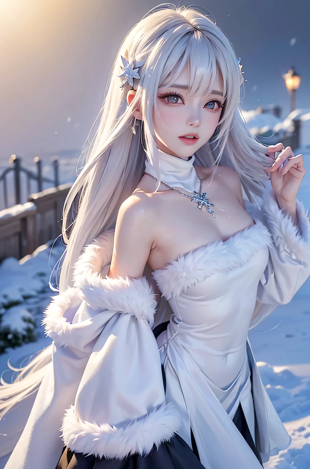 (From the chest up)((masterpiece:1.5、8k、Tabletop、Photorealistic and very detailed CG、Very detailed、Particle Effects、Dynamic Effects、Written boundary depth、Cinematic Light、Lens flare、Ray Tracing、Tabletop、Realistic:1.4、超A high resolution、Realistic、Realistic))((alone、Woman in fur coat:1.4、turtleneck、Exposing shoulders、Elegant woman posing、Detailed face、brightexpression、young, bright, Whiter skin、Medium Beauty Breasts、Best Looks、Ultimate beauty、White hair with Shiny highlights、bright, Shiny, Super long straight hair、Hair dancing in the wind))(morning、The setting is outdoors in the snow、snowflakes fluttering)
