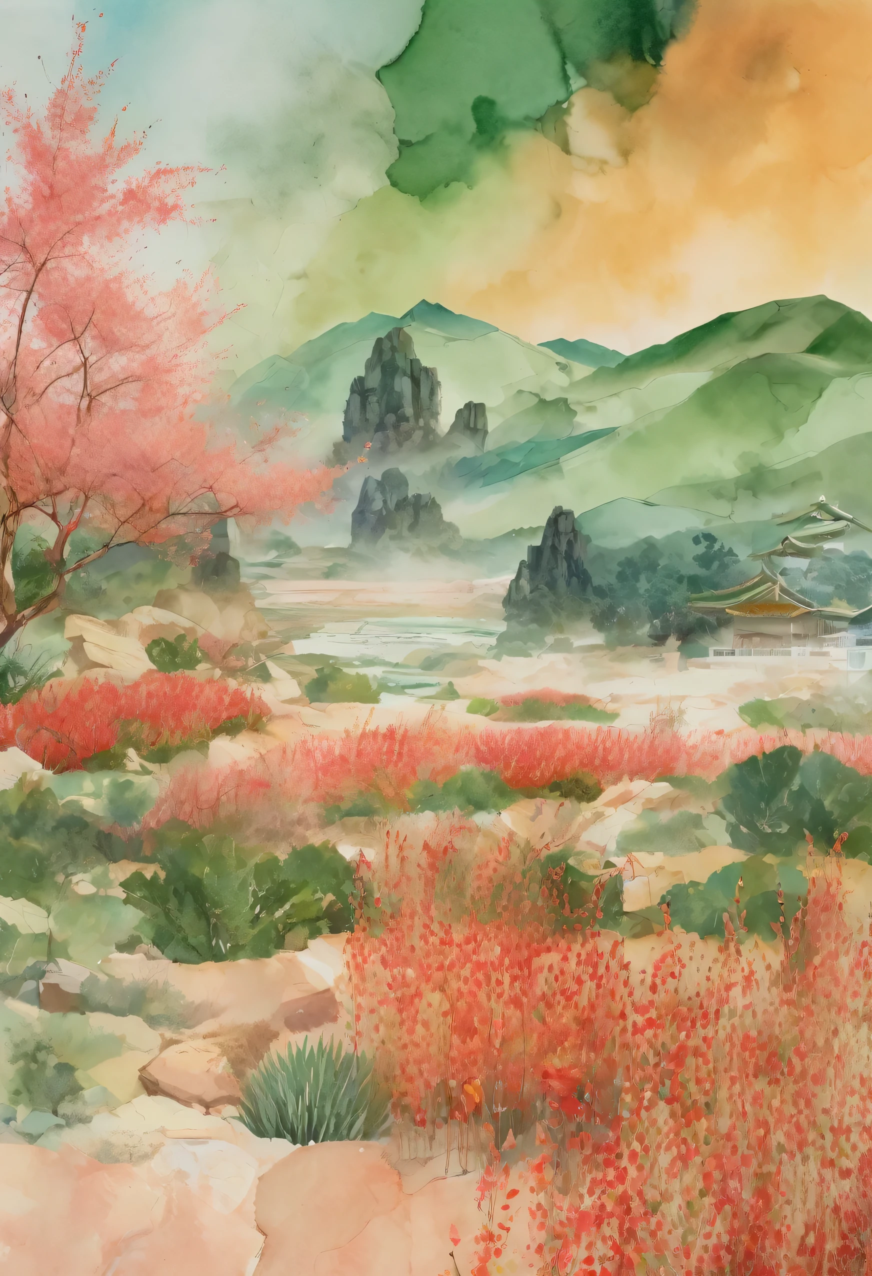 n paintings have sorghum,Sorghum candy, Handan Culture,Handan Architecture,Soft and dreamy style, Light red, Yellow and green, Weird collage, Crystals and geological forms, Soft and rough watercolor, Digital Collage, Secluded setting