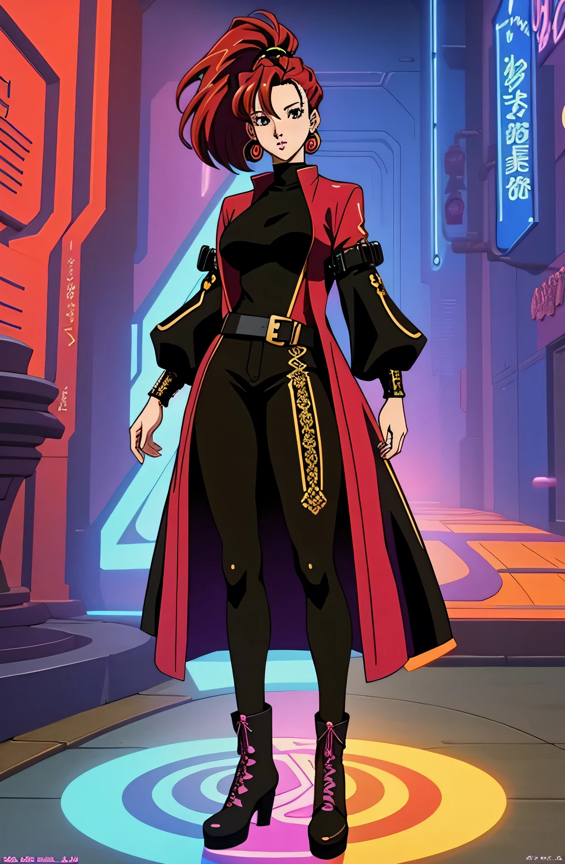Step into a world of creativity with our AI-generated image of a female character in a 90's anime style. Her unique and diverse costume inspired by the Matrix movie, full body image, will leave you in awe of its intricate details and stylistic rendering