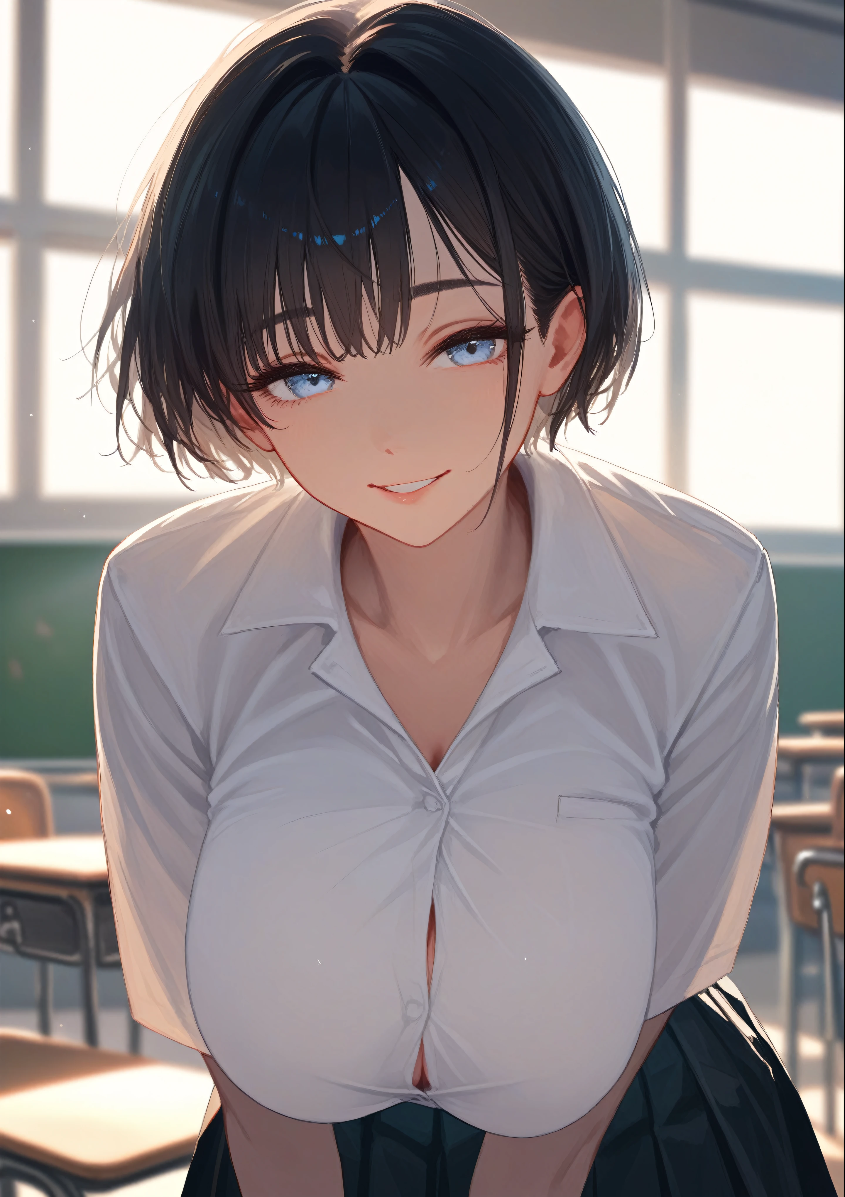 (score_9,score_8_up,score_7_up,score_6_up,score_5_up,score_4_up),1girl,solo, short hair, black hair, light blue eyes, half closed eyes, looking at viewer, very huge breast, smiling, thick, classroom background, white shirt, black pleated skirt, , leaning forward, tilted head, depth of field, masterpiece, best quality, realistic light and shadow, high key lighting, (balanced photo, balanced exposure), view from front, upperbody to head,