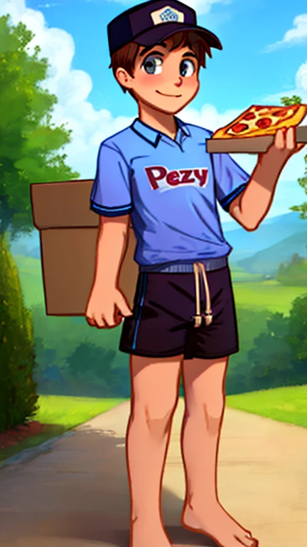 1boy, pizza delivery boy, pizza box in hand, delivery boy, pizza delivery, black shorts, barefoot