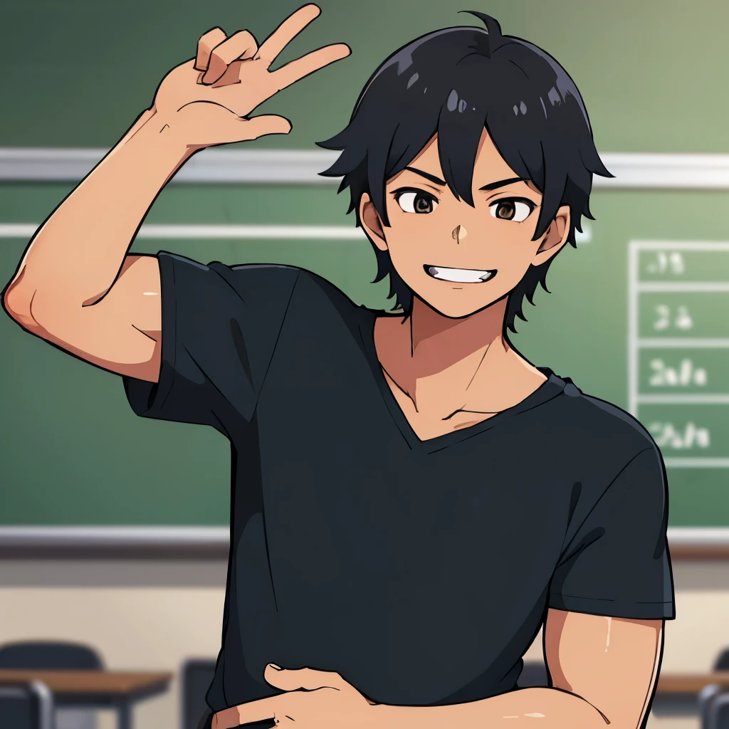 calidad superior, Obra maestra, Anime illustration of a boy with black hair and brown eyes, he wears a , he is smiling while in a classroom, he is tall and muscular