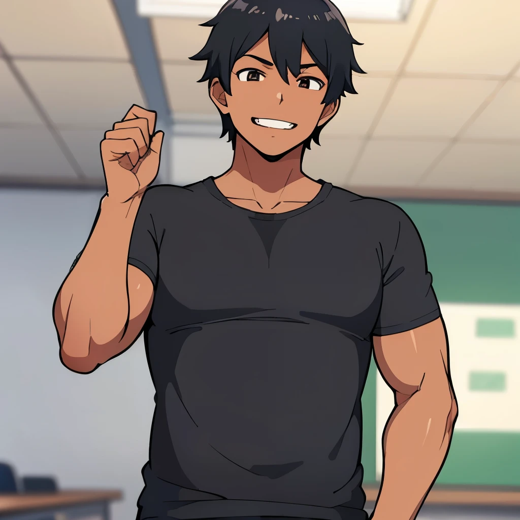 calidad superior, Obra maestra, Anime illustration of a boy with black hair and brown eyes, he wears a , he is smiling while in a classroom, he is tall and muscular