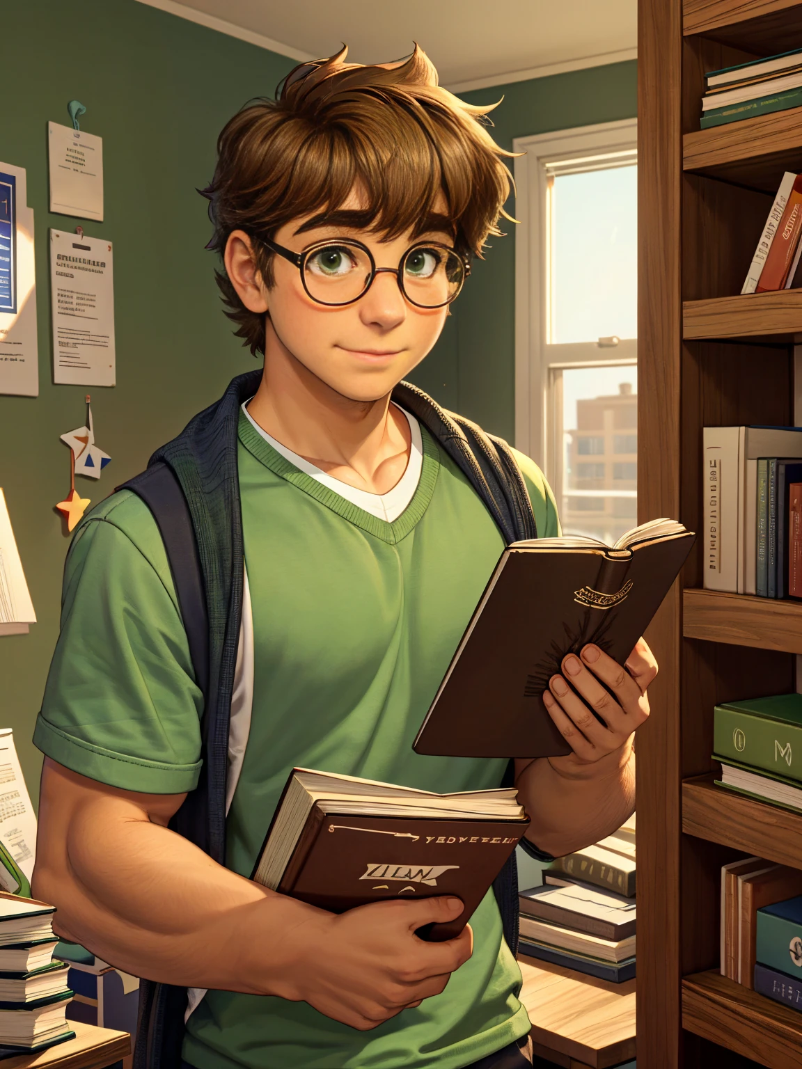 Cute, nerdy boy, brown hair, delicate face, beautiful face, shy expression and flushed cheeks, green eyes, delicate mouth, strong body. He's wearing round glasses, nerdy clothes, holding books. Scene, teenager's room.