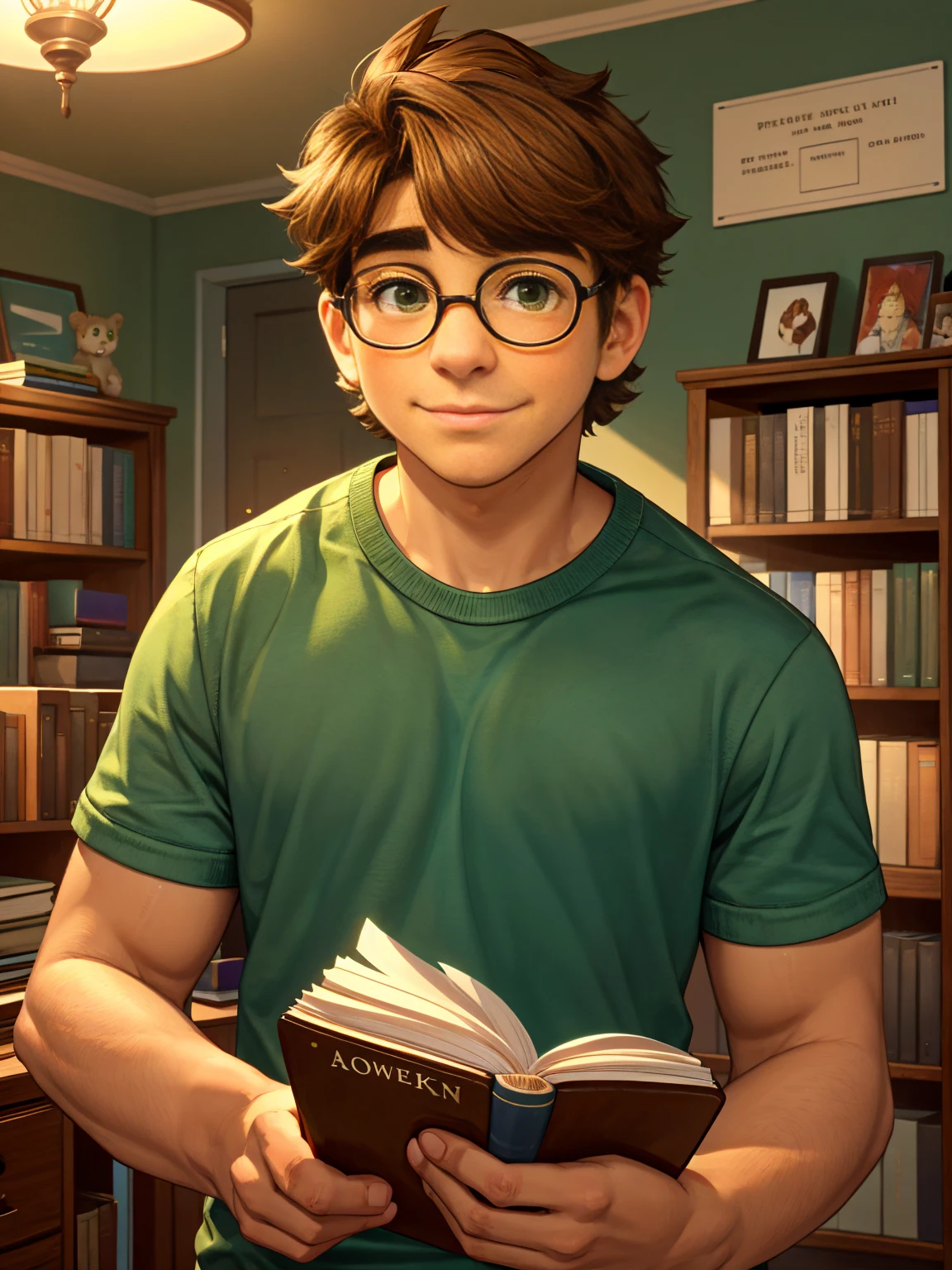 Cute, nerdy boy, brown hair, delicate face, beautiful face, shy expression and flushed cheeks, green eyes, delicate mouth, strong body. He's wearing round glasses, nerdy clothes, holding books. Scene, 's room.