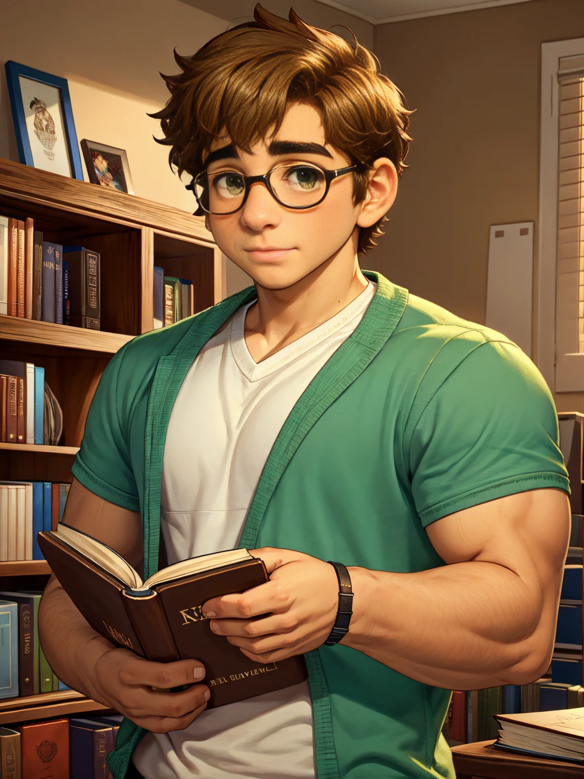 Cute, nerdy boy, brown hair, delicate face, beautiful face, shy expression and flushed cheeks, green eyes, delicate mouth, strong body. He's wearing round glasses, nerdy clothes, holding books. Scene, teenager's room.