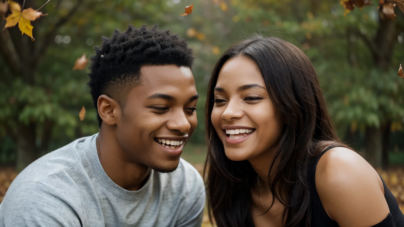 A young black man & woman a warm autumn day as they throw leaves at each other as they smile, laughing, and flinging handfuls of leaves playfully at each other.